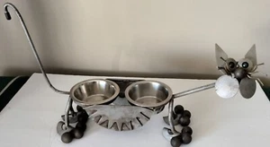 Recycled Scrap Metal Cat Sculpture Folk Art Welded Yard Home Decor w/ Food Bowls - Picture 1 of 9