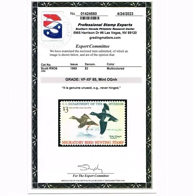 EXCEPTIONAL SCOTT #RW36 MINT PRISTNE OG NH PSE CERT GRADED VF-XF 85 #20251 - Image 1 of 3