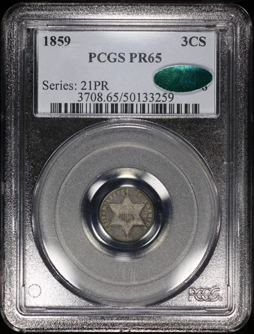 1859 3CS Three Cent Silver PCGS PR65 CAC Great Toning Cover