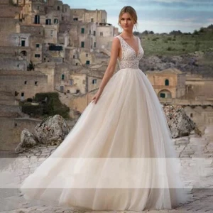 Customized A-line Wedding Dresses Backless Lace Tulle Bridal Gown Evening Dress - Picture 1 of 17