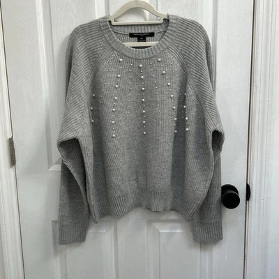 NEW French Connection Women's Embellished Sweater Light Grey Pearl, Size 2XL - Image 1 of 4