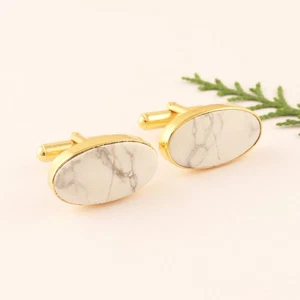 Oval White Howlite Turquoise Gold Plated Handmade Cufflinks Groom Cufflinks - Picture 1 of 2