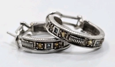 Modern Sterling Silver 925 Judith Ripka Orange Blue Hoop Ladies Earrings - Image 1 of 4