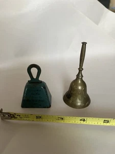 2 Small Vintage Bells Blue Bell 2.5” And Brass Bell 3.5” - Picture 1 of 6