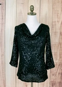 Neu mit Etikett CeCe Damen-Top klein schwarz U-Ausschnitt 3/4-Ärmel Pailletten - Bild 1 von 7