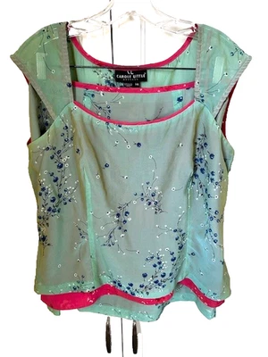 Carole Little Vtg 2 Pc Top Skirt Sz 14 Green Dark Pink Lagenlook Floral Design - Image 1 of 4