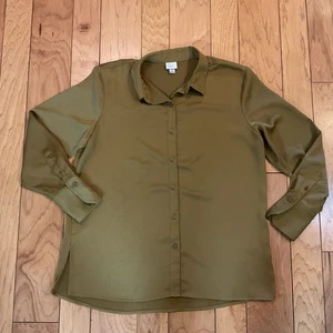 A New Day Small Womens Long Sleeve Button Down Green Flowy Shirt Blouse - Picture 1 of 8