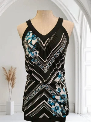 White House Black Market Top Size XXS Black Teal  Floral Blouse Casual Tie Neck - Image 1 of 4