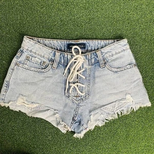 Aeropostale Lace Up Light Wash Distressed Vintage Low Rise Shorty Sz 2 - Picture 1 of 6