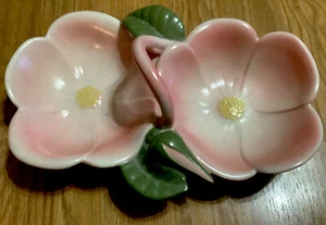 DIVIDED DISH Popilek POTTERY 2 SECTIONS FLORAL PINK & GREEN w HANDLE - ANTIQUE - Picture 1 of 5