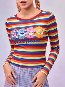 Women's Care Bears Striped Kawaii Cute Juniors Graphic Tee Long Sleeve T-Shirt - Picture 1 of 8