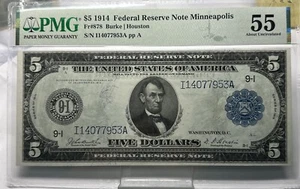 Billete de la Reserva Federal Minneapolis 1914 $5 FRN FR 878 - PMG AU 55 - Imagen 1 de 3