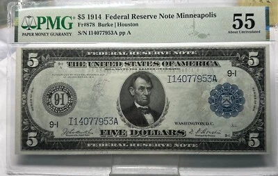 1914 $5 FRN FR 878 FEDERAL RESERVE NOTE MINNEAPOLIS - PMG AU 55 - Image 1 of 3
