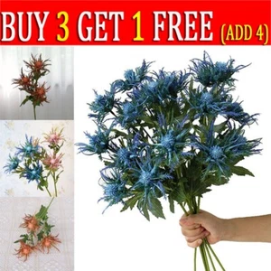 3 Fork Artificial Eryngium Foetidum Flowers Plants Fake Thistles Leaves Home - Picture 1 of 15