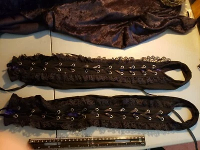 Pair Black & Purple Satin Ribbon Lace Up Victorian Sleeves One Size Cosplay - Image 1 of 4