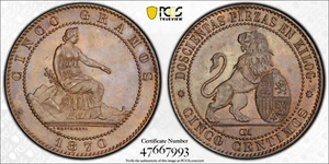 SPAIN 5 Centimos 1870-OM PCGS MS65 BN Provisional Government Rare in High Grade! - Picture 1 of 3