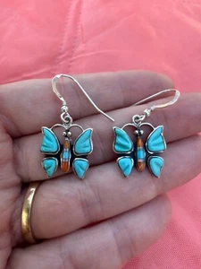 Nice 925 Philippines Butterfly turquoise Inlaid dangles drop earrings Estate - Picture 1 of 5