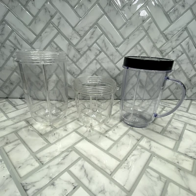 Magic Bullet Lot of 3 Replacement Cups 1 Tall W/Handle,  1 Tall, 1 Short & 1 Lid - Image 1 of 4