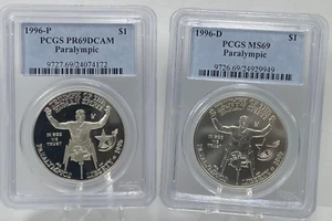 1996 P & D UNC. & PROOF PARALYMPIC $1 SILVER OLYMPIC COMMEMORATIVE SET PCGS 69 - Picture 1 of 10