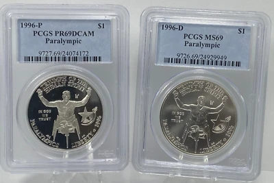 1996 P & D UNC. & PROOF PARALYMPIC $1 SILVER OLYMPIC COMMEMORATIVE SET PCGS 69 - Image 1 of 4