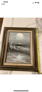 Vintage D Perry Oil Beach Sea Crashing Waves Sunset Wood Framed Art As Is - Picture 1 of 10