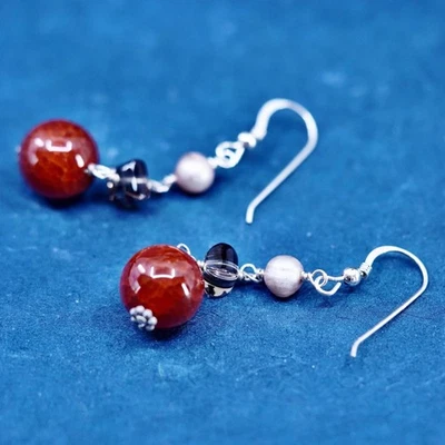 Pendientes vintage de plata de ley 925 hechos a mano con cornalina y cristal ahumado Foto 1 de 4