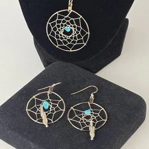Sterling Silver & Turquoise Native American Necklace Earrings Dream Catcher Set - Picture 1 of 18