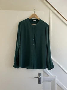 Warehouse Dark Green Blouse Top Size 18 Buttons Front and Back Collarless - Picture 1 of 5