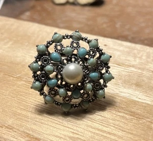 Vintage Lucky You großer Faux Türkis Peal Ring silberfarben Größe bis 2 8.  - Bild 1 von 6