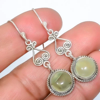 Prehnite Gemstone Silver Plated Bali Earring 1.76" T58, Christmas Gift - Image 1 of 3