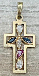 14K massives Gelbgold religiöses Kreuz blau rosa Saphir klar CZ 1,9g Vintage Italien - Bild 1 von 12