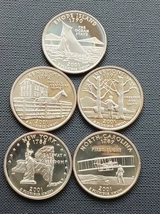 S/5 2001S MINT PROOF CLAD QUARTERS NY N.CAROLINA RHODE ISLAND VERMONT KENTUCKY - Picture 1 of 8