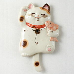 Lucky Cat Maneki Neko Wall Pendulum Clock Japanese Ware Pottery Right Hand Up