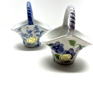 Porcelain Baskets w/Handle Andrea by Sadek Purple/Blue Floral Thailand Set of 2 - Picture 1 of 13