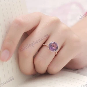 Pave Diamanten Halo feiner Ring 3,89ct Amethyst Rundschliff 9,5mm massiv 14k Rotgold - Bild 1 von 9