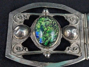 Bracciale Argento Sterling Vetro Opale Pannello Ornato 40 Grammi Messico 925 Vintage  - Foto 1 di 9