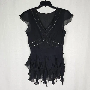 Seven7 Womens Small - Juniors XL Black Silk Y2K Witchy Goth Ruffle Fringe Top - Picture 1 of 6