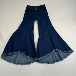 YMHY Jeans Womens Small Blue Flare Stretch Frayed High Rise Dark Wash NWT - Picture 1 of 9