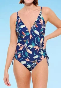 Mynah Womens XXL Lush Leaf One Piece Swimsuit Navy Blue Deep V Neck NWT/NEW - Picture 1 of 3
