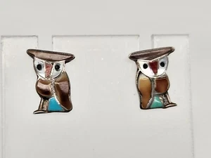 Vintage Zuni Sterling Inlay Owl Earrings Southwest/Native American - Similar - Foto 1 di 9