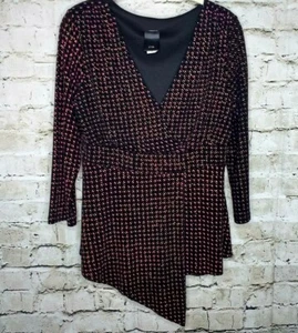 JTP Womens Dressy Asymmetrical Crossover Top Size M Black Pink Diagonal Sparkle - Picture 1 of 11