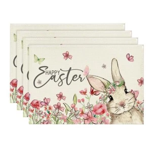 Happy Easter Spring Decorations Floral Bunny Rabbit Placemats Gift 4PCS 12"x18" - Picture 1 of 12