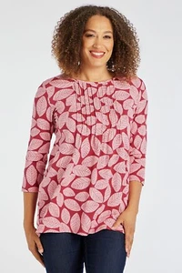 Ex Bonmarche 3/4 Sleeve Leaf Print Jersey Top Pleated Front Cotton Stretch - Picture 1 of 6