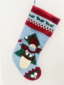 Appliqued & Stitched Quilted Snowman Christmas Stocking - Large Silk Lining - Picture 1 of 10