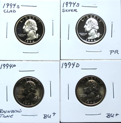 1994P BU+, 1994D BU+, 1994S Clad PR, 1994S Silver PR Wash. QTS 5A17BPC-1-2-3-4 - Image 1 of 4