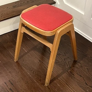 Vintage Mid Century 60'S NEVCO of Yonkers NY Wood Stool - Removable Seat Red MCM - Picture 1 of 17