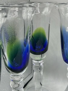 Turda Romania 8Champagne Flutes Blue Cobalt & Green Glasses 10 Inch. 1 Pitcher - Picture 1 of 11