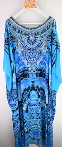 Czarina full length printed kaftan with diamante detail  in electric blue OSFM - Picture 1 of 12