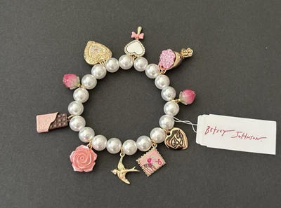 Betsey Johnson Faux Pearl Stretch Bracelet Rose Strawberry Hearts Love (w/ FLAW) - Image 1 of 4