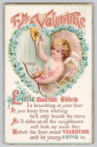 1911 Valentine Postcard Cupid at Door Embossed B.B. London Germany - Picture 1 of 3